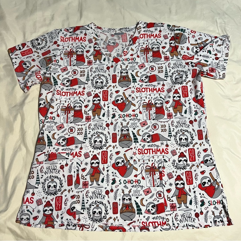 Scrubaid EUC Slothmas Christmas Winter Themed Women's Scrub Top Size XL